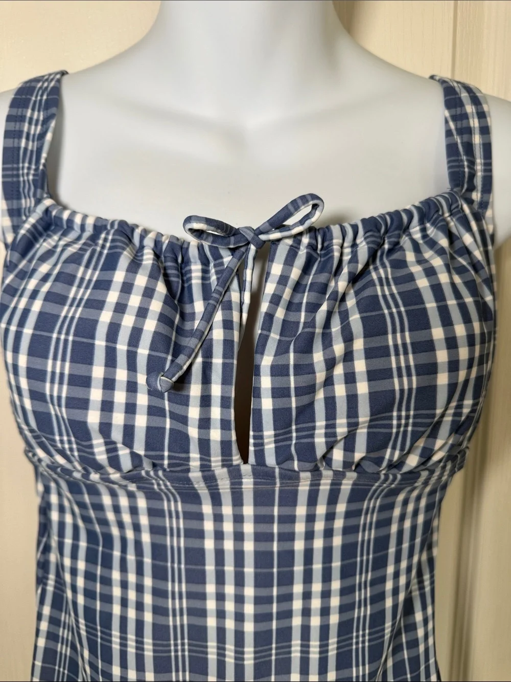 Kona Sol Blue Plaid One Piece Swimsuit Ruched Tie Front Size Medium